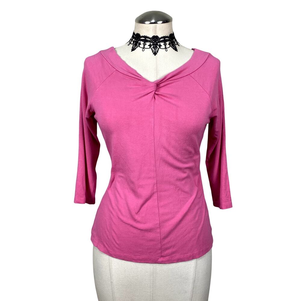 Vtg Y2K Pink Ruched FItted Corp Office Siren Preppy Twee Coquette 3/4 Sleeve Top